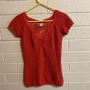 We the Free People Lace Back V Neck Burnt Pink Stretchy Ribbed Top Ruffle edge